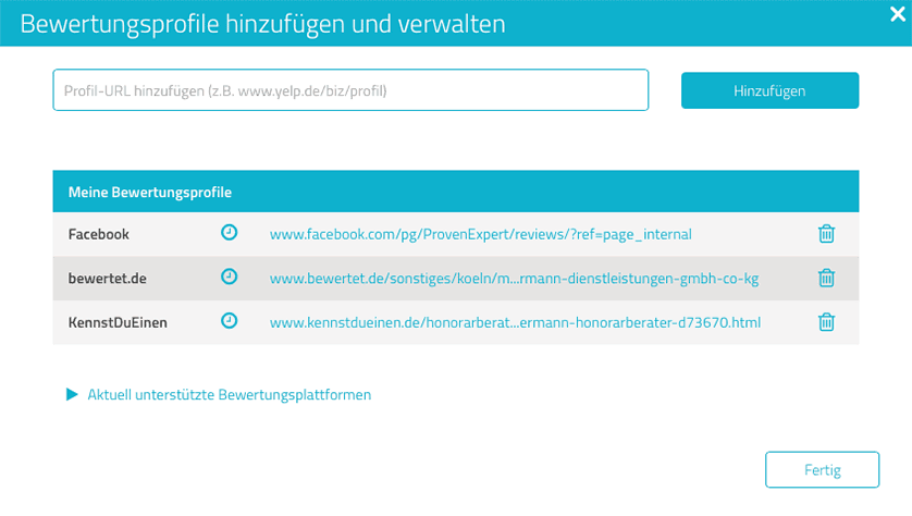 Fügen Sie hier die URL Ihrer externen Bewertungsprofile ein. Sie können beliebig viele externe Bewertungsportale einpflegen. In diesem Beispiel wurden Bewertungen von bewertet.de, kennstdueinen.de und facebook.com hinzugefügt.